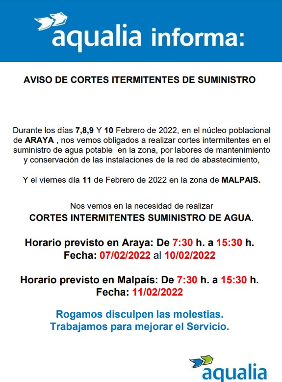 Cortes intermitentes de suministro de agua potable Araya y Malpaís – Candelaria