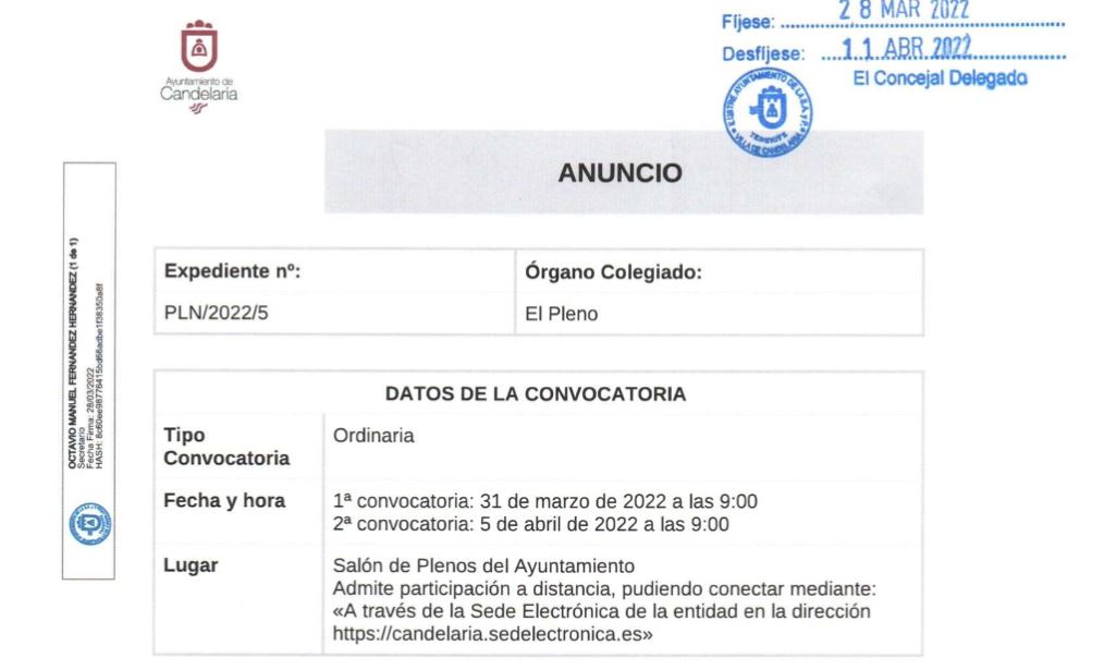Convocatoria Pleno ordinario mes de marzo 2022 – Candelaria