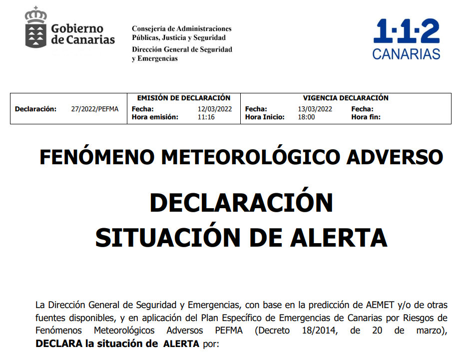 Declaración situación de alerta por viento – 13 de marzo 2022 – Candelaria