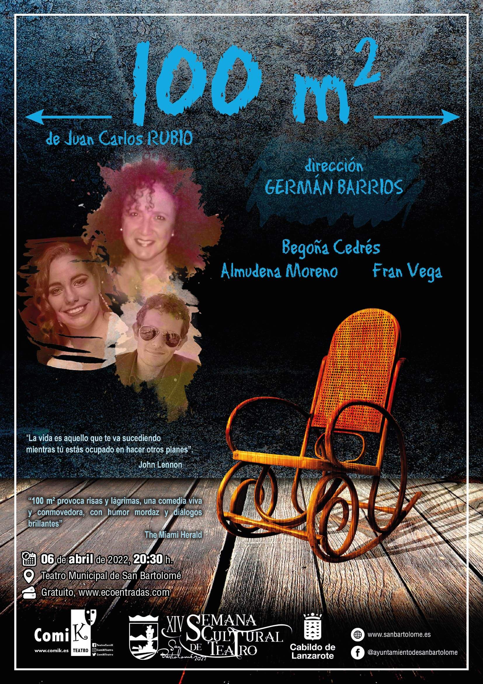 El Teatro de San Bartolomé acoge la representación de 100 m2, a cargo de COMI-K TEATRO el 6 de abril a las 20.30 horas