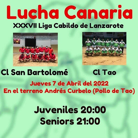 La luchada programada para este jueves día 7 de abril entre el C.L. San Bartolomé y el C.L. Tao, se celebrará en el Terrero Andrés Curbelo "Pollo de Tao"